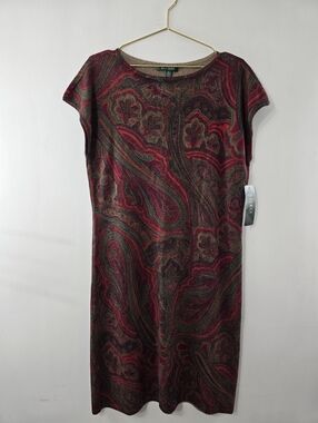 Ralph Lauren Cashmere Silk Paisley Print Multicolor Cap Dolman Sleeve Midi Dress